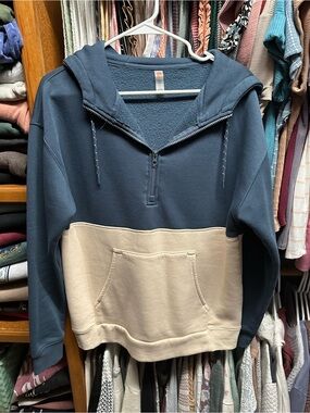 Mono B Two-Tone Quarter Zip Hoodie - Blue & Cream